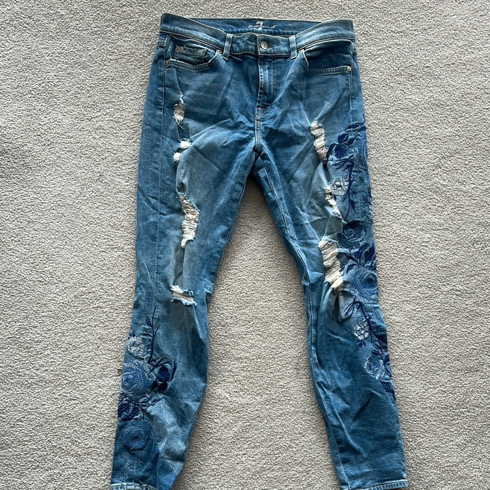 7 for all marine floral Embroidered Distressed Blue Jeans